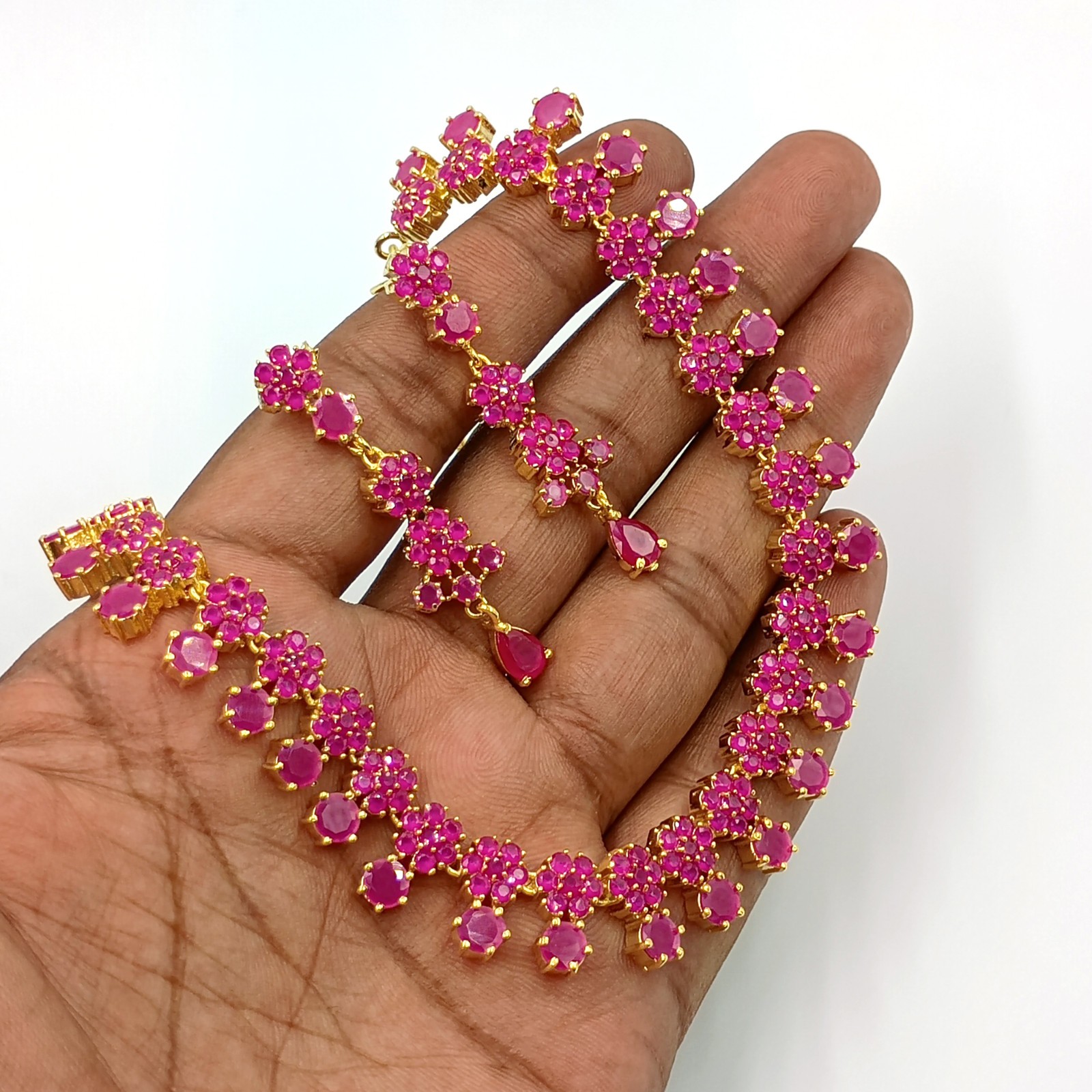 Indian 22k Gold Plated Ruby Floral Statement Necklace Set Wedding Jewelry