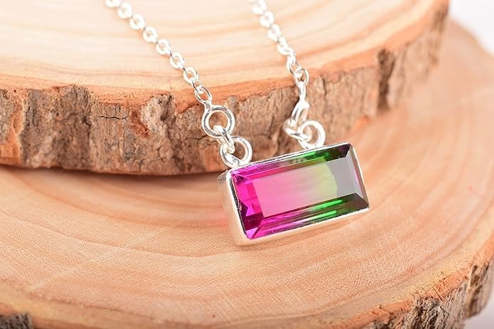 Natural Watermelon Tourmaline Quartz Bar Pendant Necklace in 925 Sterling silver