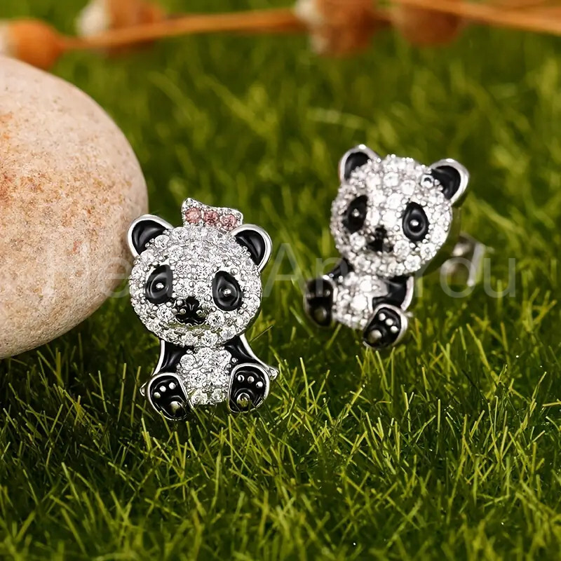 1ct Round Cut Moissanite Cute Panda Enamel Stud Earrings 14K White Gold Plated