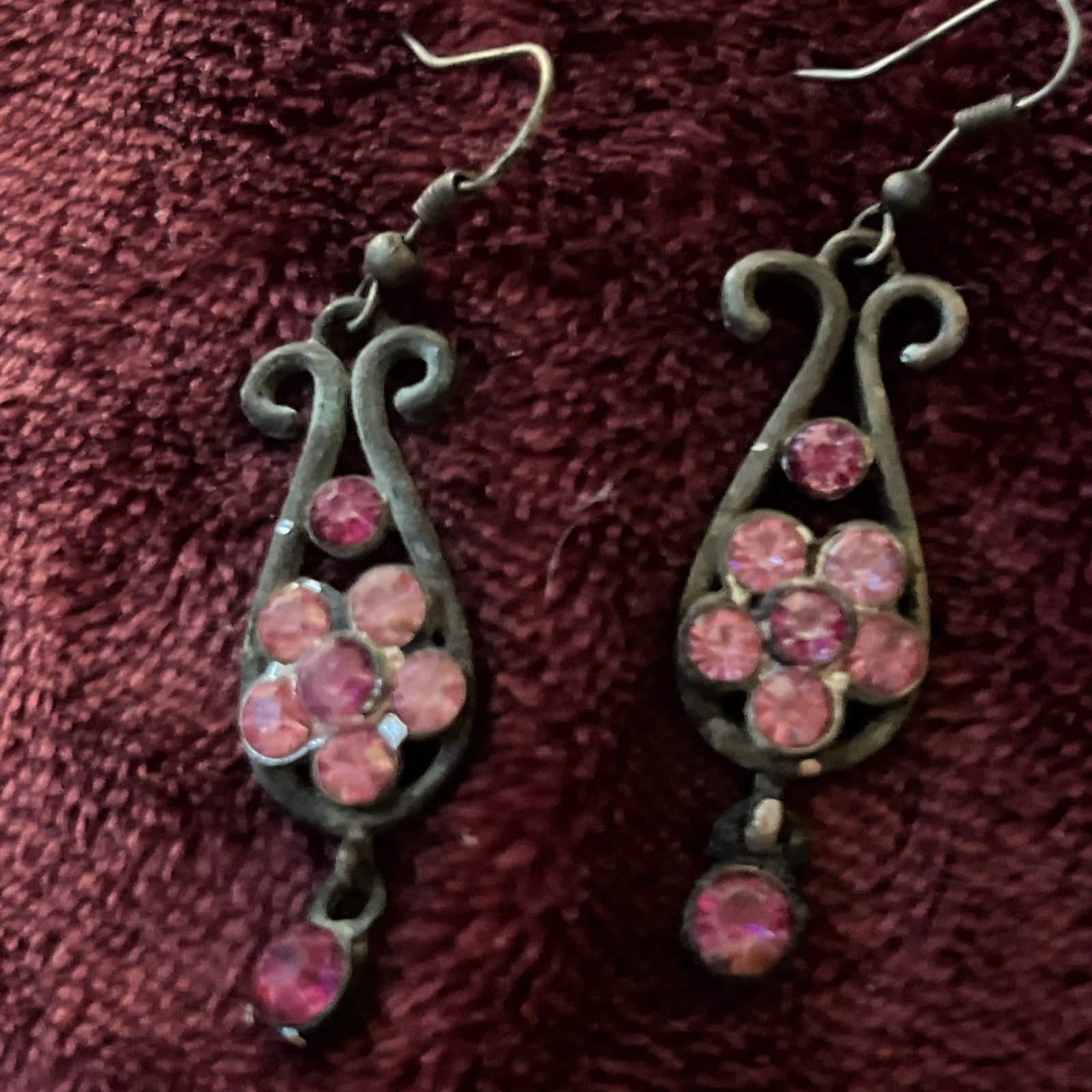 Vintage Earrings Pink Floral Chandelier Shabby Chic Crystal Retro