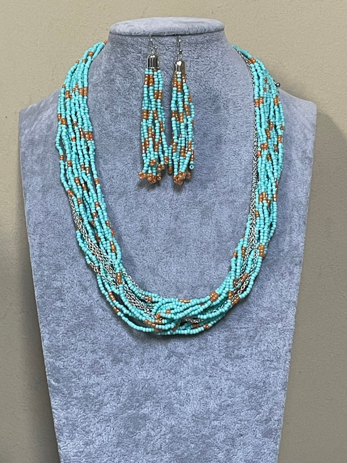 Multi Strand Light Blue And Peach Glass Seed Bead Necklace Earring