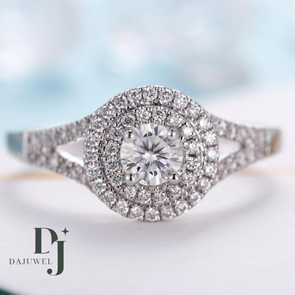 Moissanite Double Halo Engagement Ring 2.65 Carat Round Cut Solid 14K White Gold