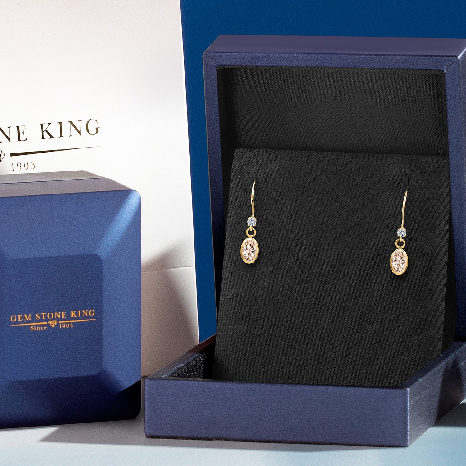 14K Yellow Gold Peach Morganite and Lab Grown Diamond Dangle Earrings for Women