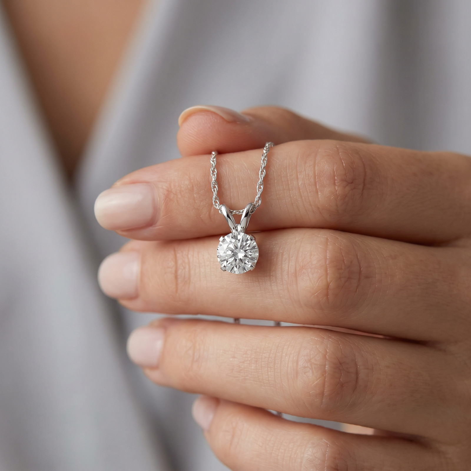 1 – 5 Ct Round Diamond 4-Prong Pendant 14k Gold Necklace Lab Grown