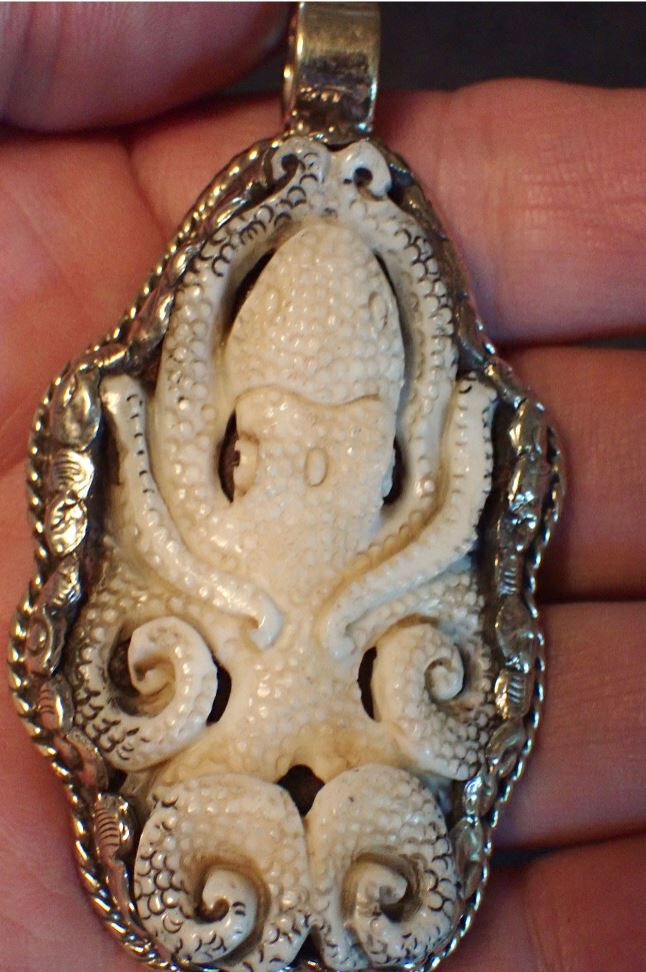 Octopus Squid Carved Pendant in Tibetan Silver Arms curled up approx 2 1/8 “