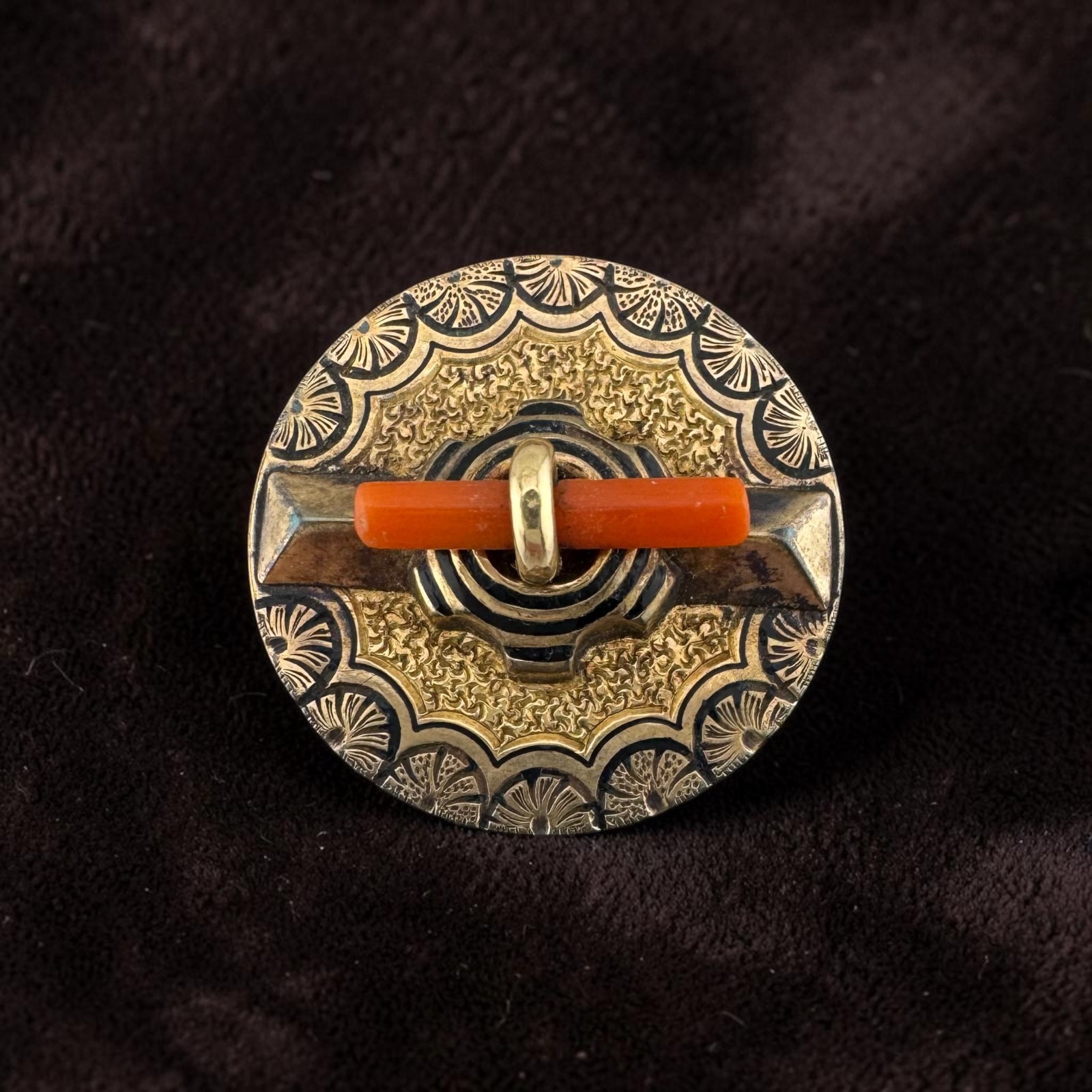 Antique Gold Filled & Silver Coral and Black Enamel Pendant Brooch