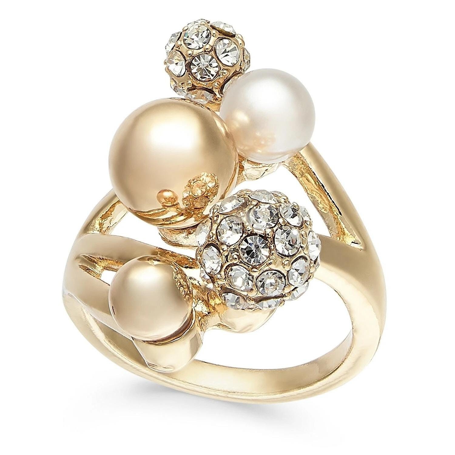 INC International Concepts Gold Tone Pearl Crystal Orb Ring Size 6 New with Tag