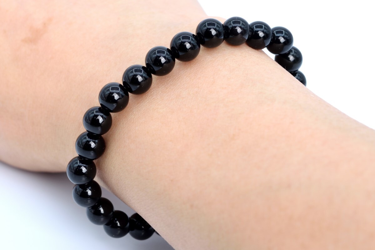 8MM Black Obsidian Bracelet Grade A Genuine Natural Round Gemstone Beads 7″