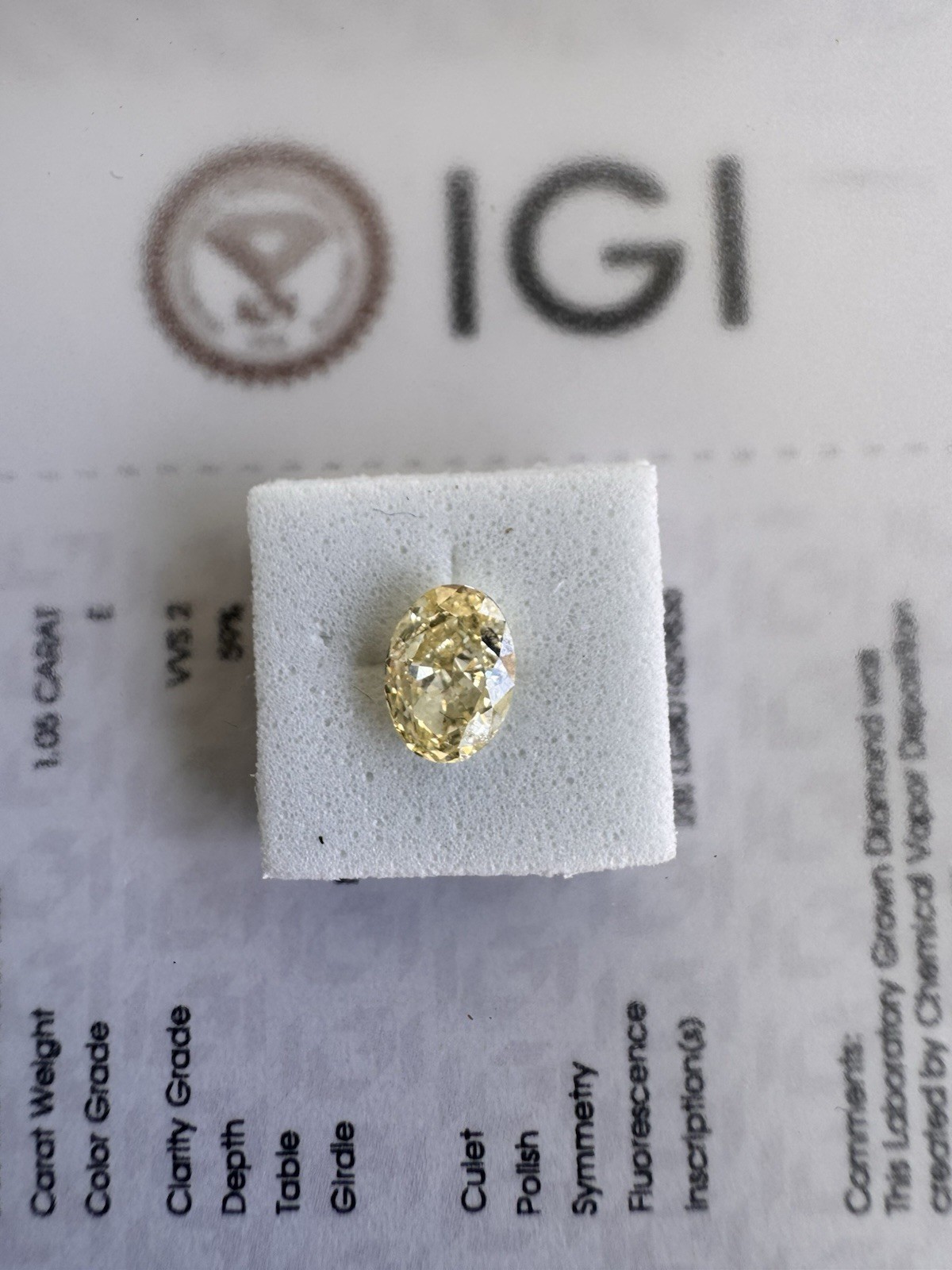 IGI Certified Lab Grown Oval Diamond 1.10ct Fancy Intense Yellow VVS2 Ex Cut