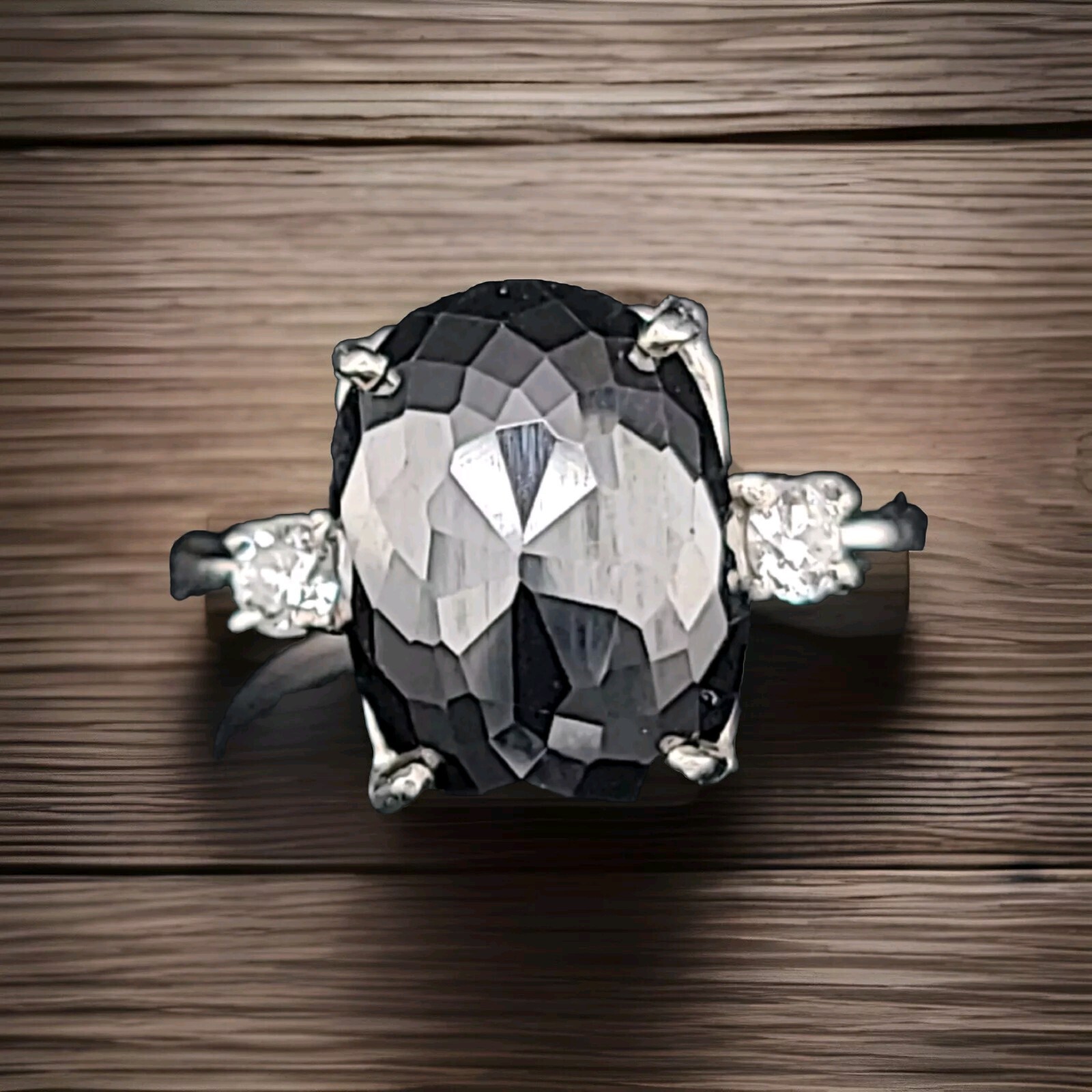 14k White Gold Engagement Ring 9.55ct. Black Diamond Oval shape