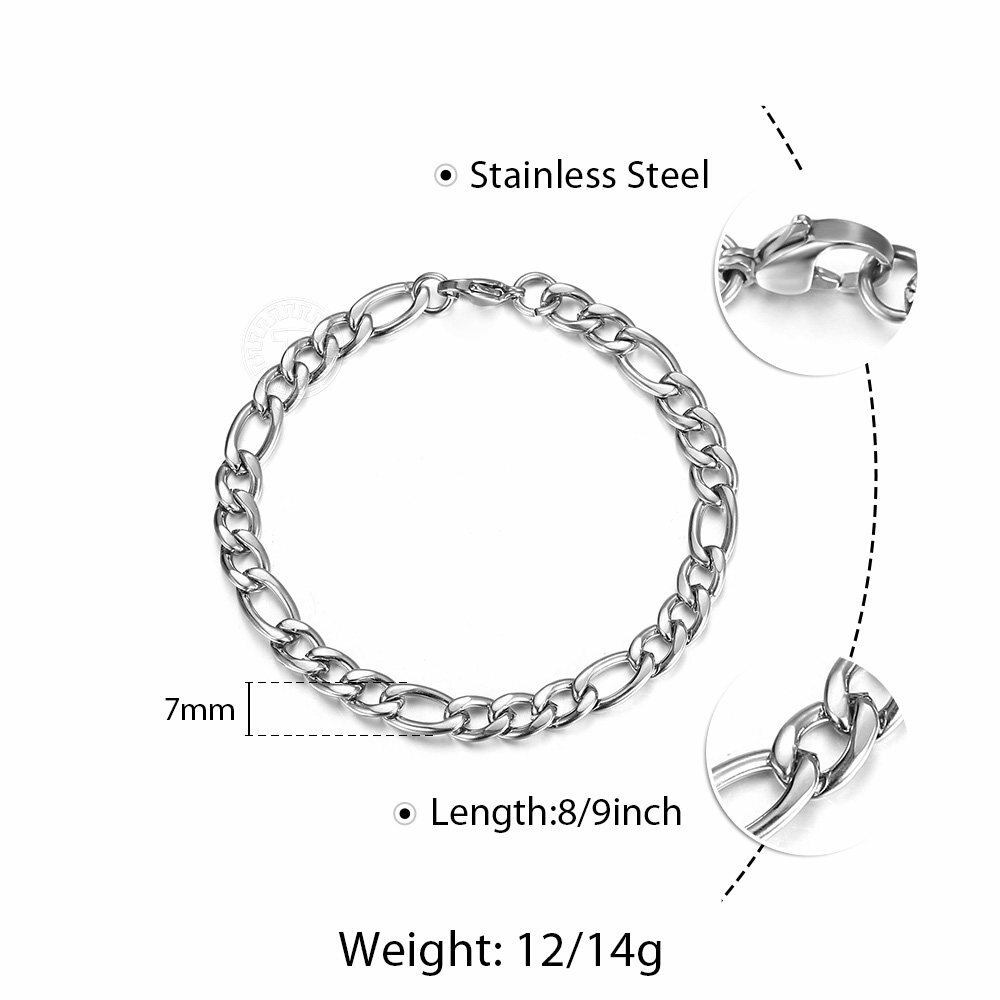 3/5/7/9mm Gold Plated Stainless Steel Figaro Link Chain Bracelet Men Women 7-10″