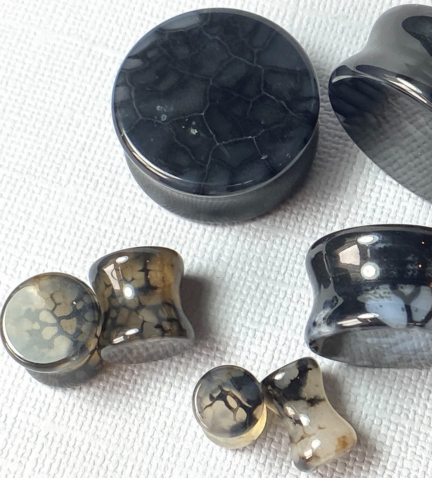 PAIR Black Dragons Vein Agate Stone Double Flare Plugs Organic Earlets Gauges