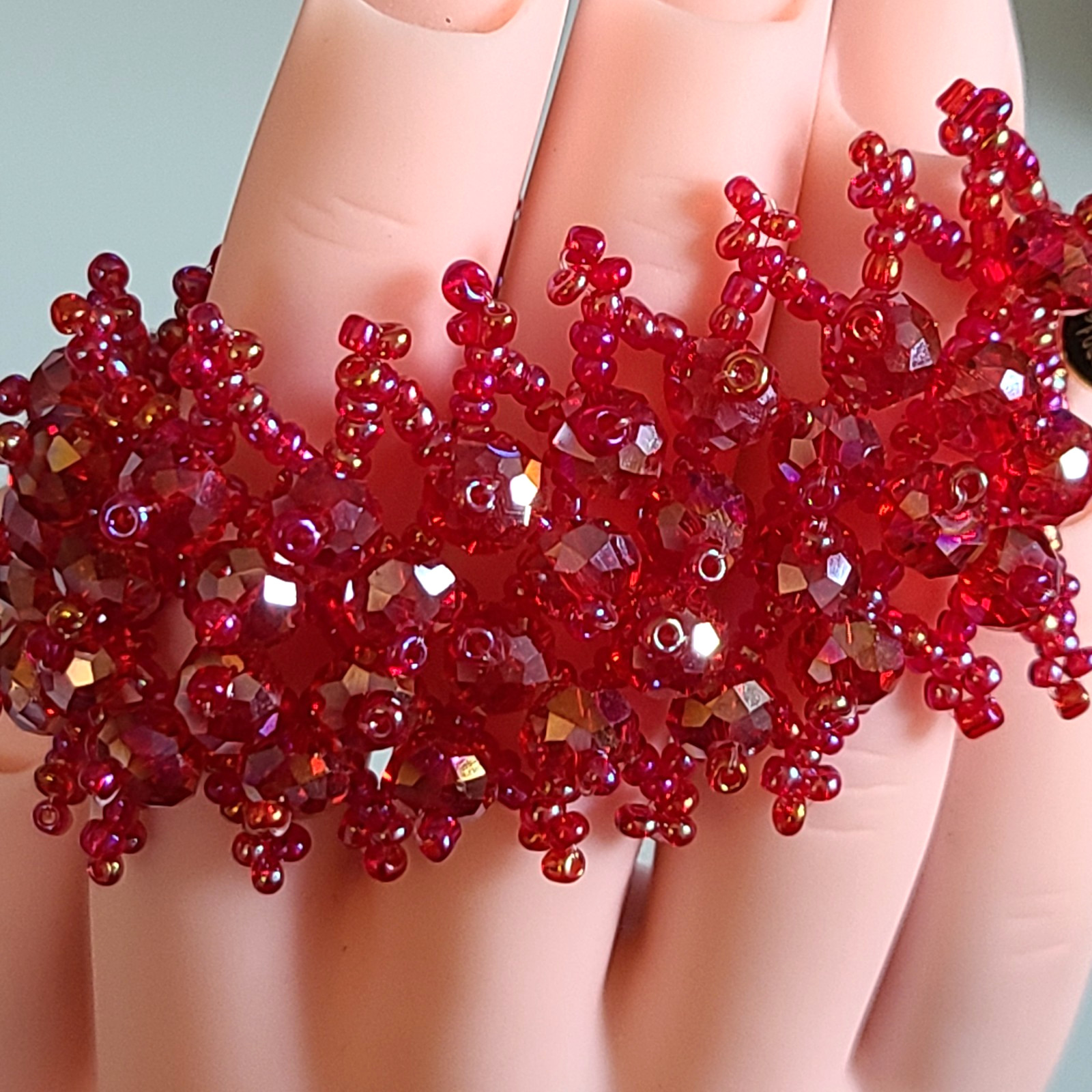 KIRKS FOLLY RED RASPBERRY 1 1/4 INCH WIDE BRACELET RED GLASS BEADS BEAUTY 6 3/4