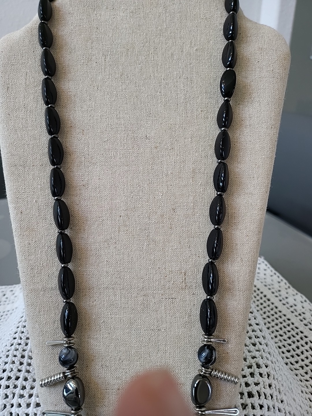 Vintage Necklace Earrings Black Silver Gold Mezanite Rhinestones Jewelry B8