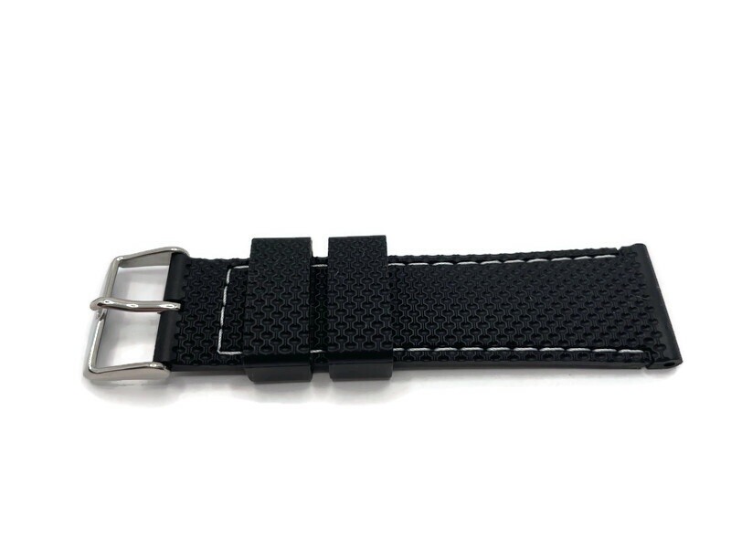 Rubber Watch Strap, Black Textured with White Stitching, Sizes 16mm to 22mm