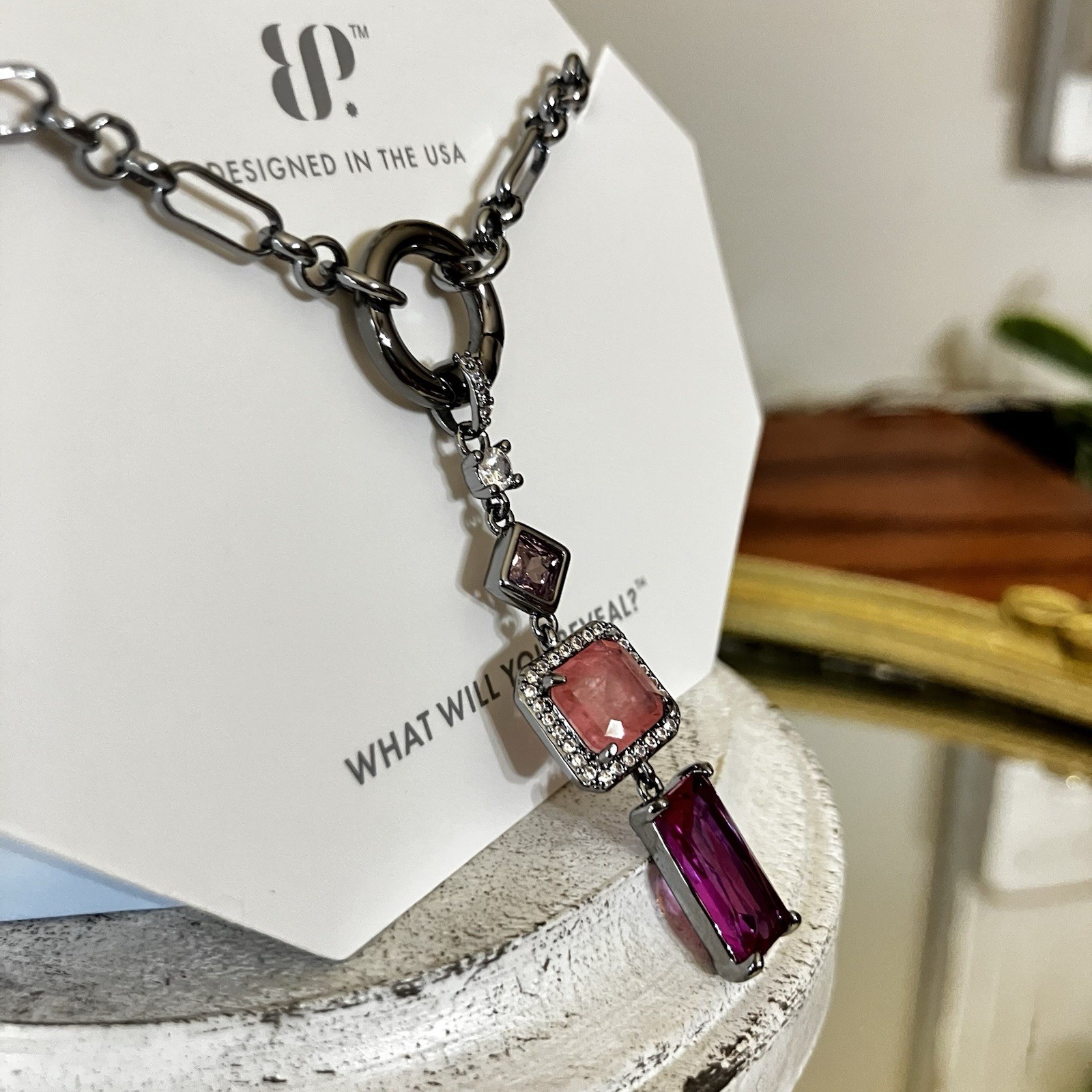 Bomb Party Necklace “She’s Everything” Gradient Rose Quartz on Hematite NK26264
