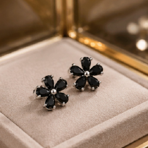 2.32Ct Pear Cut Simulated Black Onyx Flower Stud Earrings 14k White Gold Plated