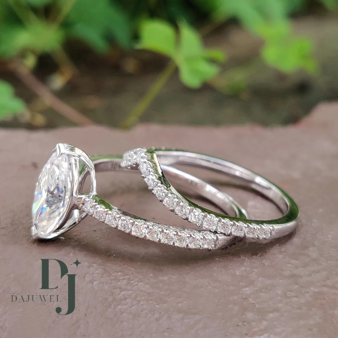 Moissanite Bridal Set Engagement Ring Solid 14K White Gold 2.50 CT Marquise Cut