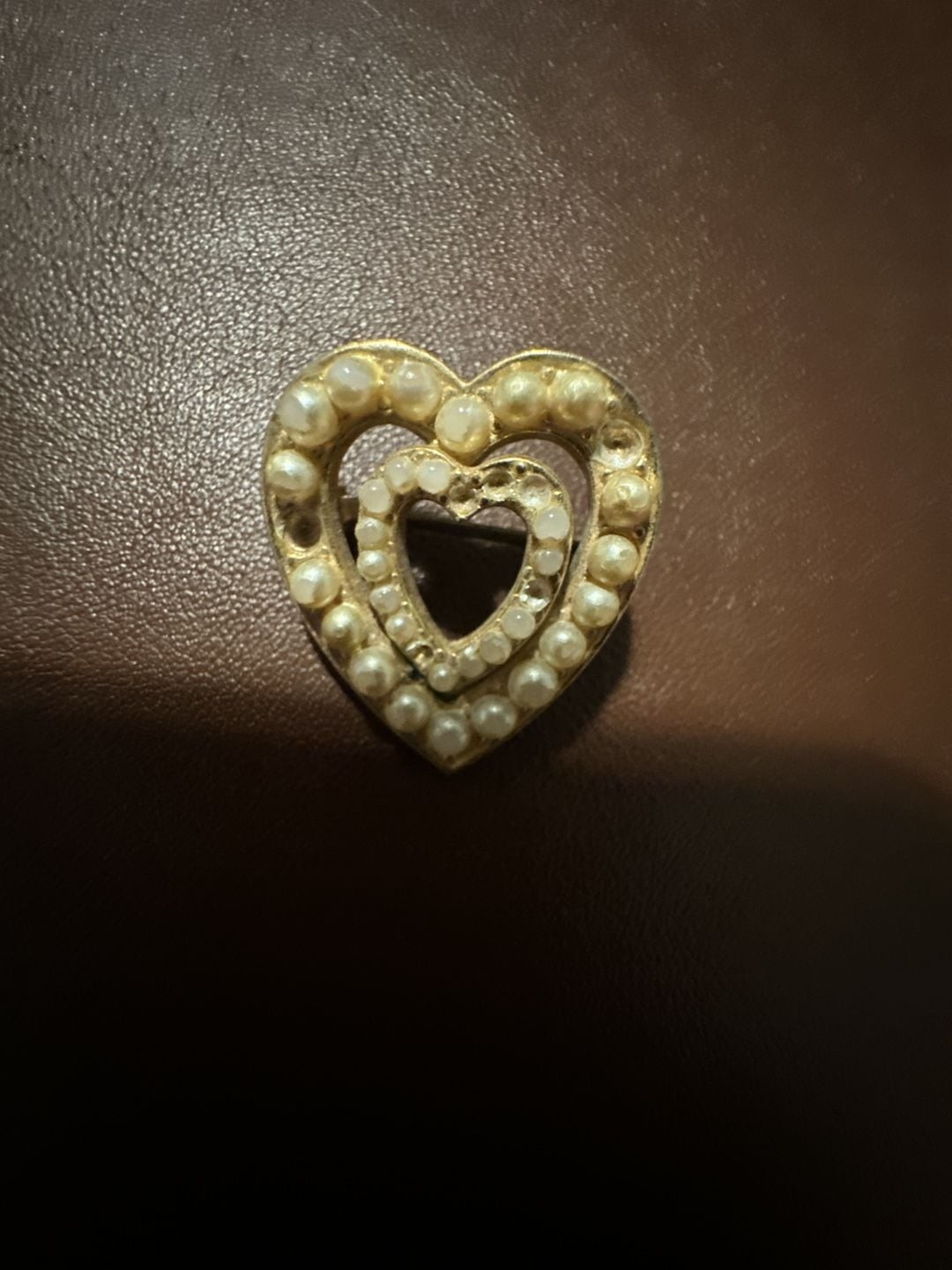 Vintage Gold Tone Faux Pearl Double Heart Brooch