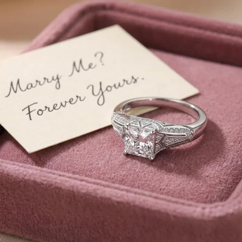 For Engagement Gift Ring 1.5CT Princess Lab Grown Diamond 14k Real White Gold