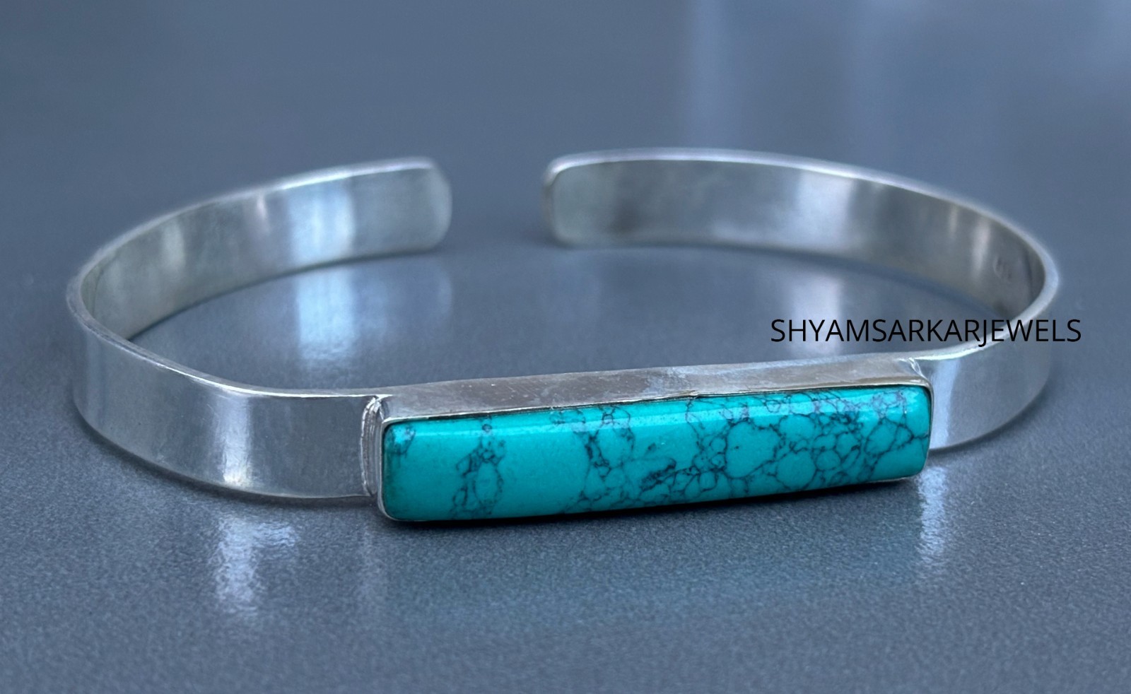 Turquoise Gemstone Open Cuff Bracelet 925 Silver Chunky Statement Bangle 7.5Inch