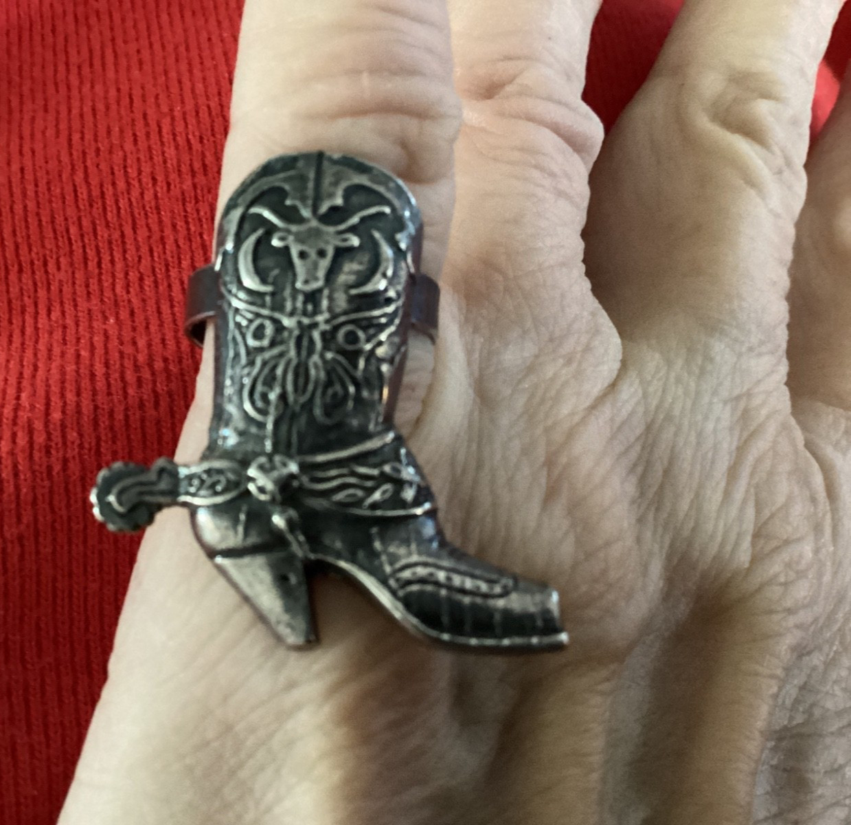 MidCentury Southwestern 925 Sterling Western Cowboy Boot+Spur Etched Ring Sz.4