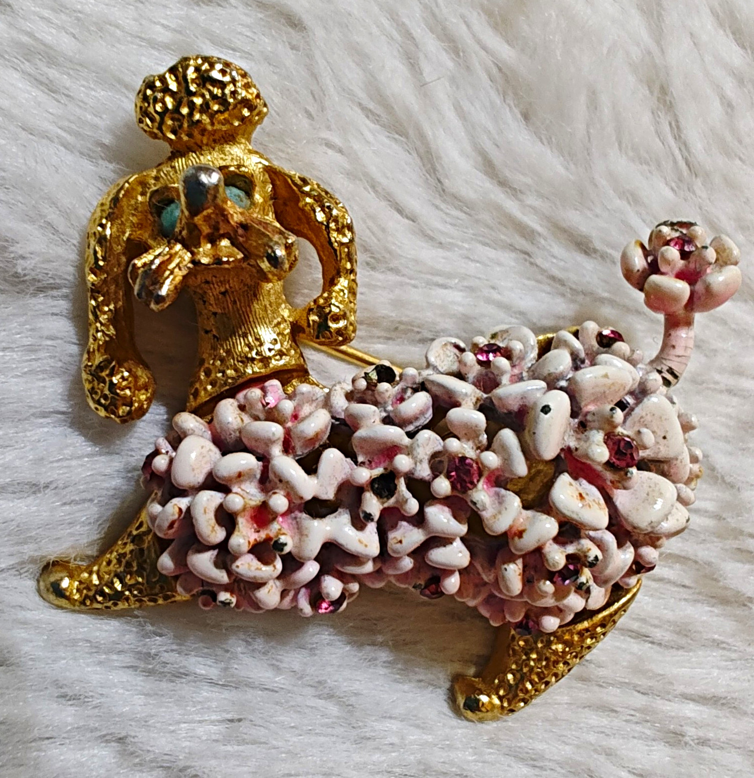 Signed Poodle Dog Brooch Pin Gold Tone Pink White Rhinestone Enamel 1.5 in