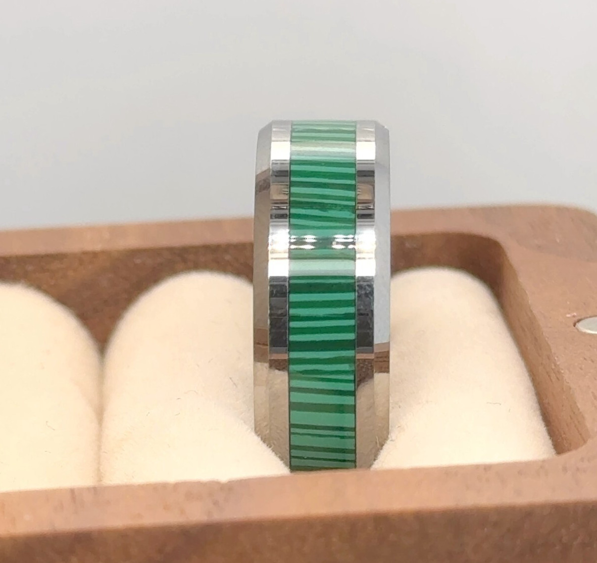 Stylish Silver Tungsten Wedding Band Green Faux Anniversary Daily Wear Ring