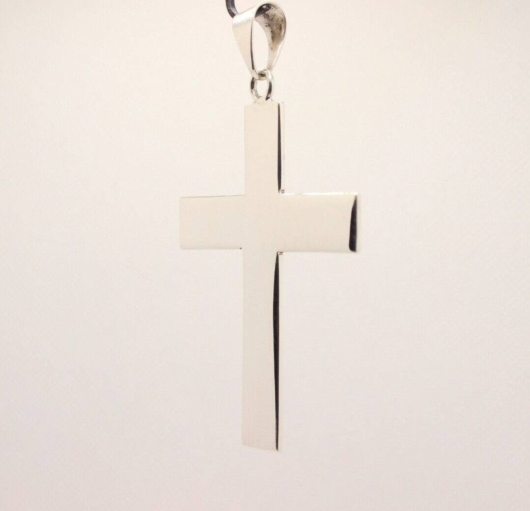 925 Sterling Silver Polished Latin Cross Pendant Simple Large Flat 2.4 inch tall