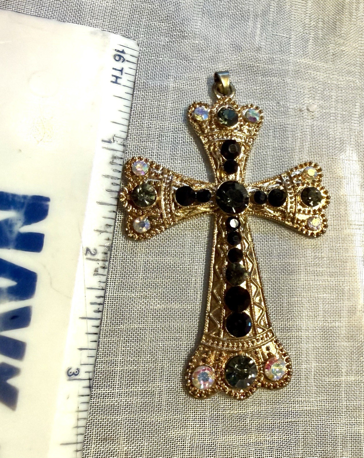 VTG.Large Gothic Cross Pendant Blue Gray Rhinestone Gold Tone Medieval Revival