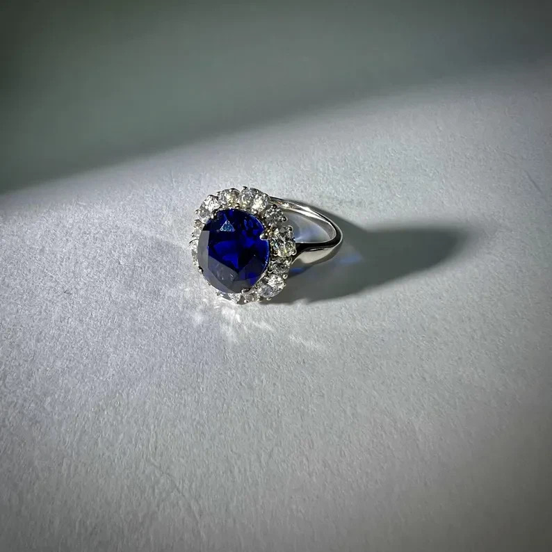 3.40 Ct Oval Natural Sapphire & Diamond Engagement Ring 14K White Gold Size 6