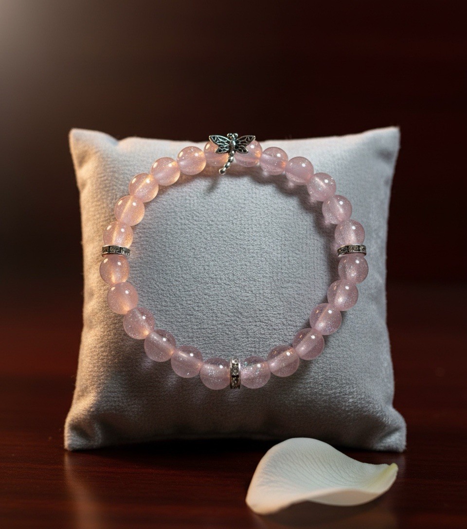 Pink Mica Powder Beaded Stretch Bracelet w/ Silver Dragonfly Charm.