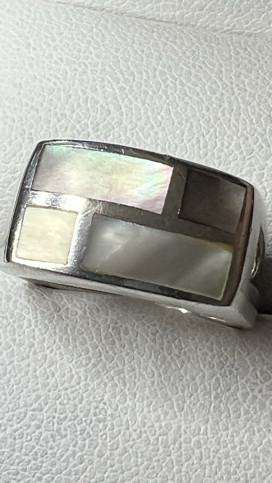 Vintage Silver 925 Wide Band Mother of Pearl Multicolor Inlay Ring, Size 5.5