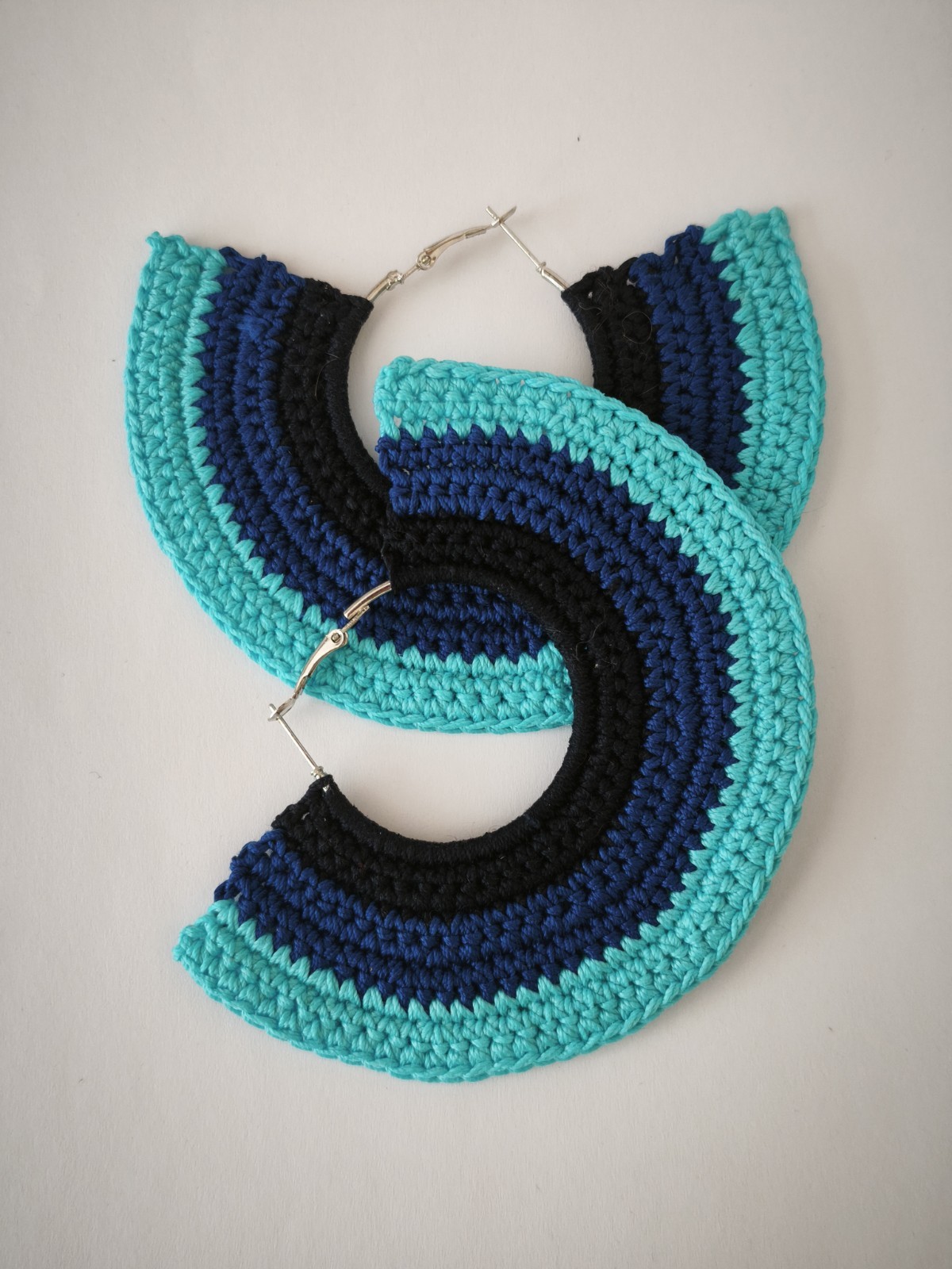 Blue striped statement crochet earrings, Blue extra large hoop earrings