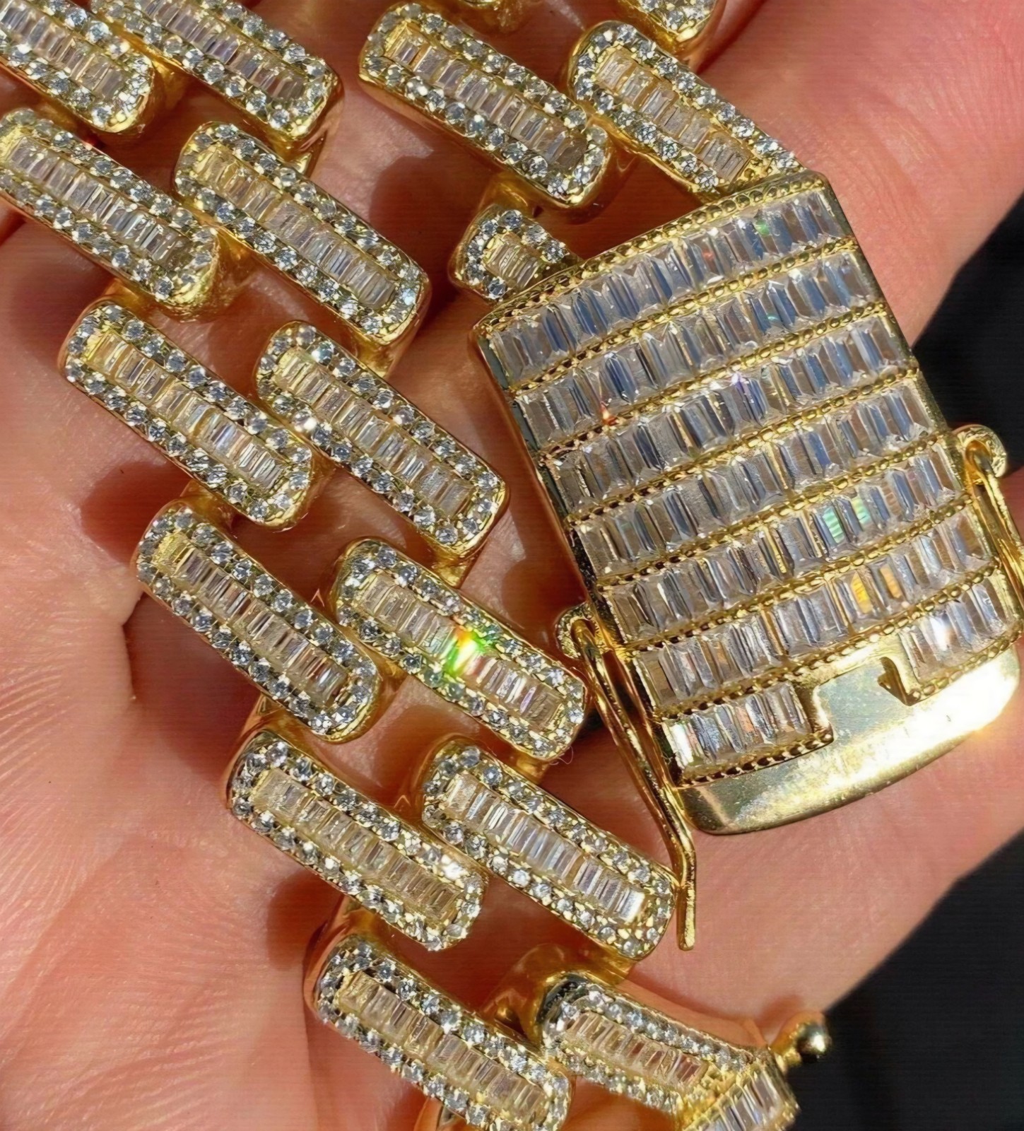 Baguette Prong Miami Cuban Link Chain Necklace Iced Out CZ Stones – 14k Gold Ver