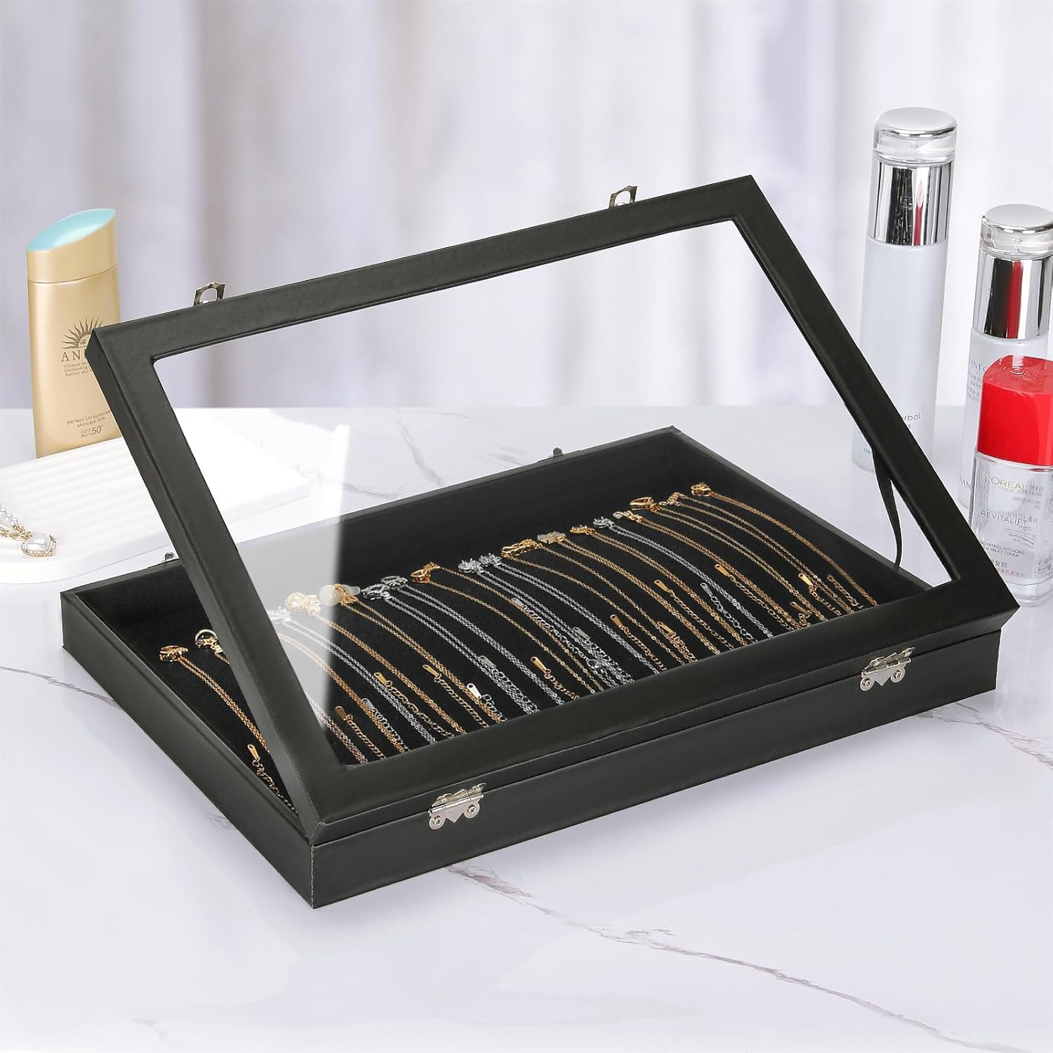 Necklace Organizer Box, 20 Hooks Jewelry Pendant Display Tray with Clear Lid for