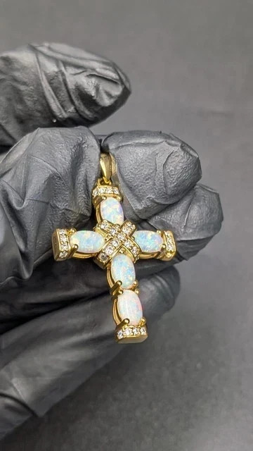 Women’s 2.00Ct Oval Cut Natural Fire Opal Cross Pendant 14K Yellow Gold Plated