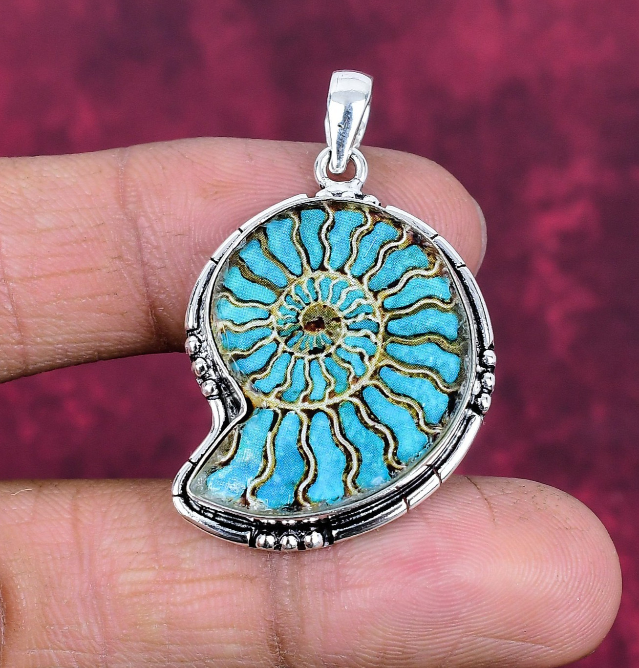 Ammonite Fossil Gemstone Handmade 925 Sterling Silver Bohemian Jewelry Pendant