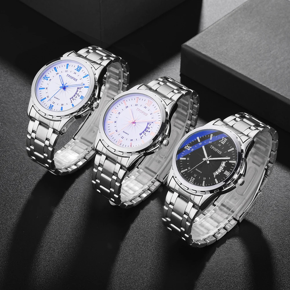 Mens Waterproof Calendar Watch With Steel Band Anti Blue Light Quartz Movement
