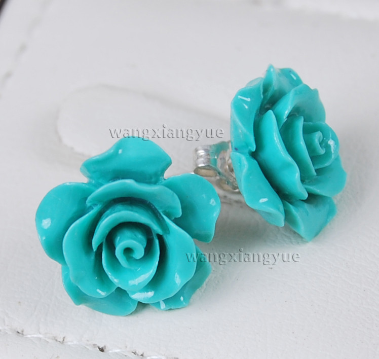 Wholesale 15mm Sea Coral Gems Hand Carved Flower Beads Silver Stud Earrings AAA