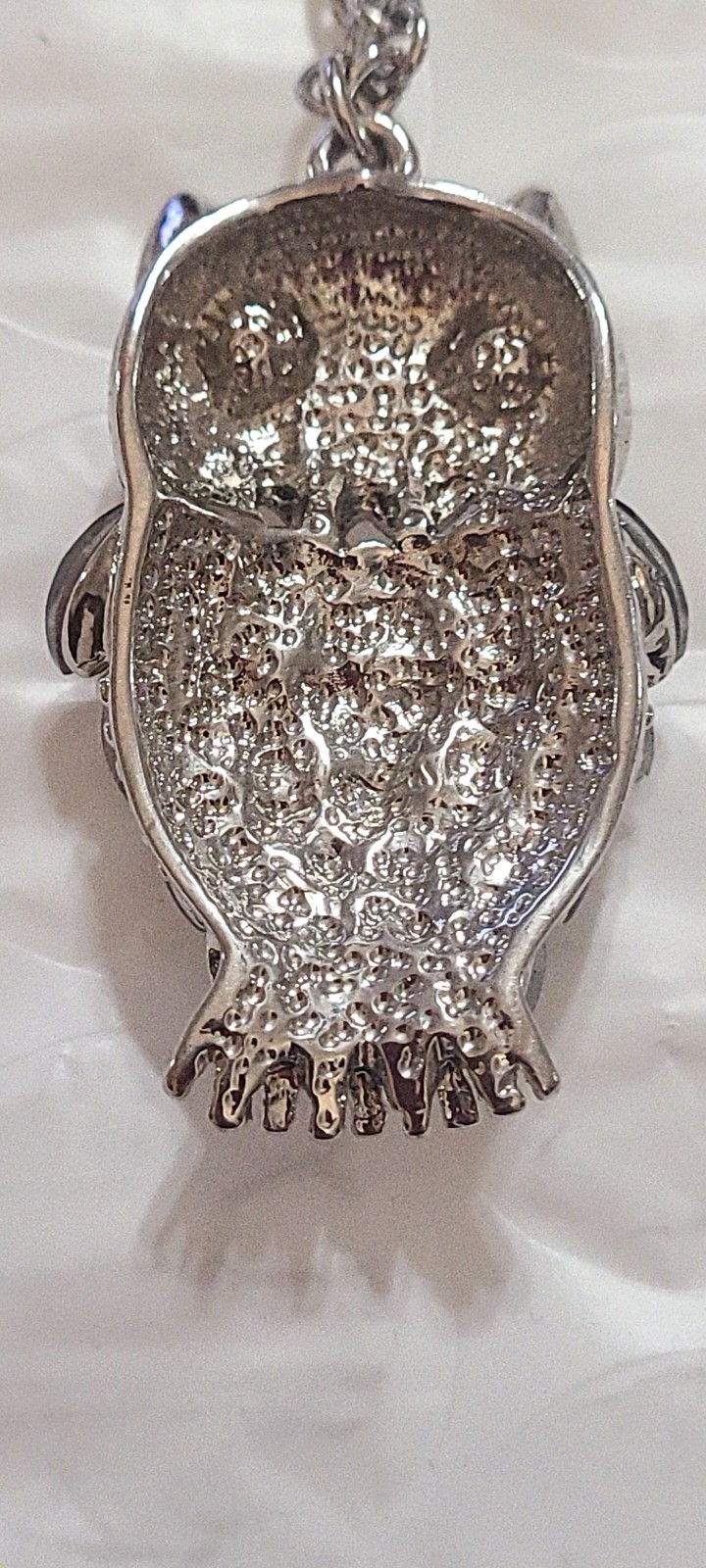 Silver Tone Owl Pendant Necklace w/ Long Chain Black Purple Crystal Rhinestones