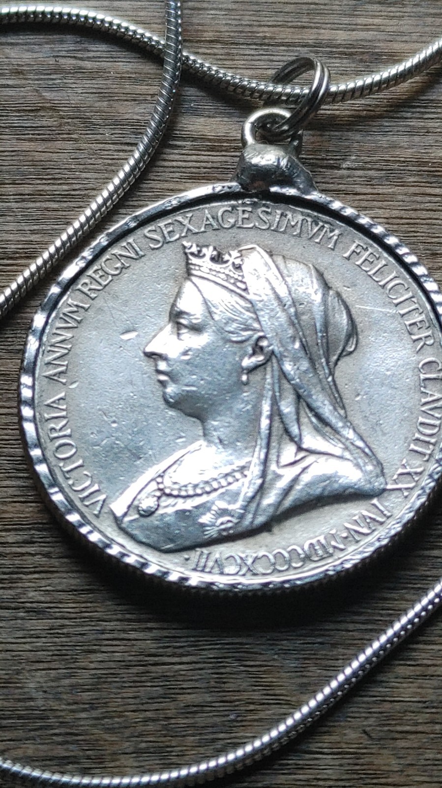 1837-1887 Queen Victoria English Silver Jubilee Pendant 28″ Sterling Snake Chain