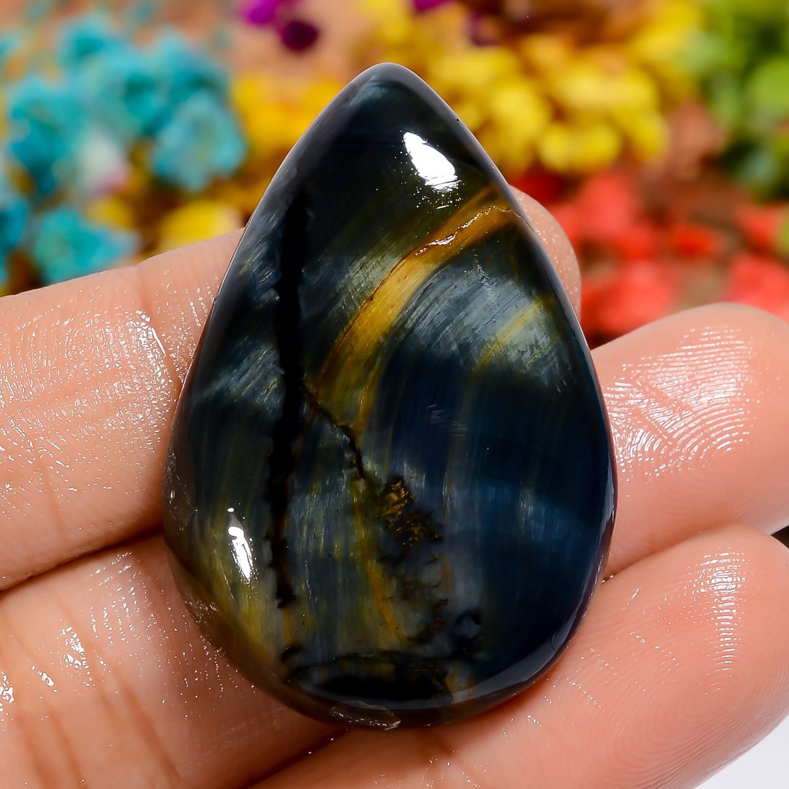 Natural Blue Tiger Eye Pear 64Ct Blue 37X24X7mm Stone Loose Gemstone