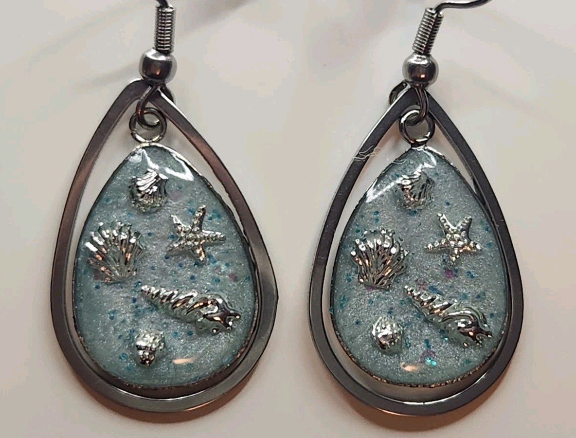 Handmade Resin Earrings – Stainless Steel Teardrops – Ocean Treasures