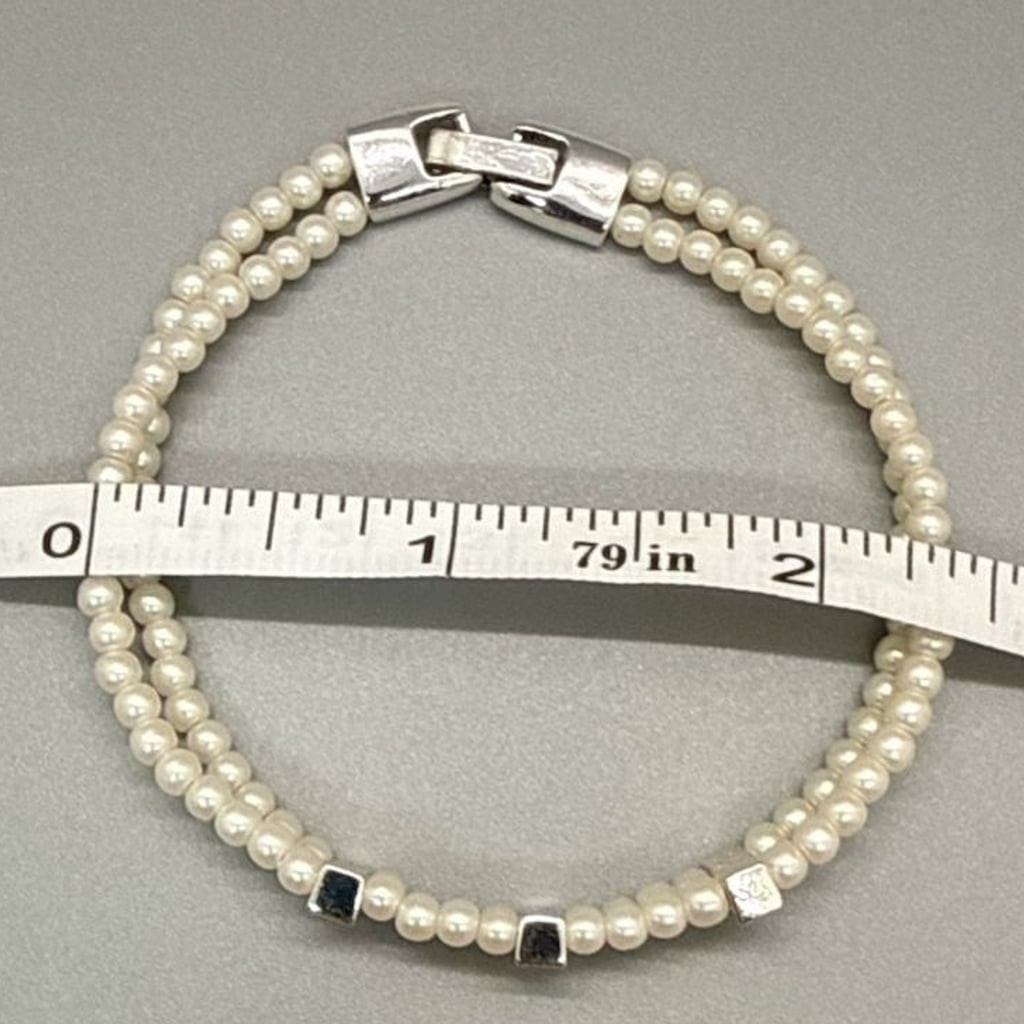 Vtg Napier Two Strand Faux Pearl Rhinestone Bar Silver Tone Bracelet Bridal 7”