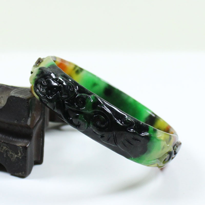 61mm Real Natural Ice Multicolor Burmese Jade jadeite Carving Bracelet Bangle