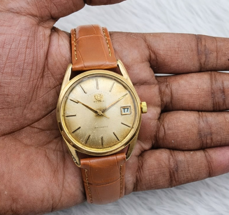 Vintage Favre-Leuba Daymatic Automatic Swiss Gold Dial Date Men’s Watch 21Jewels