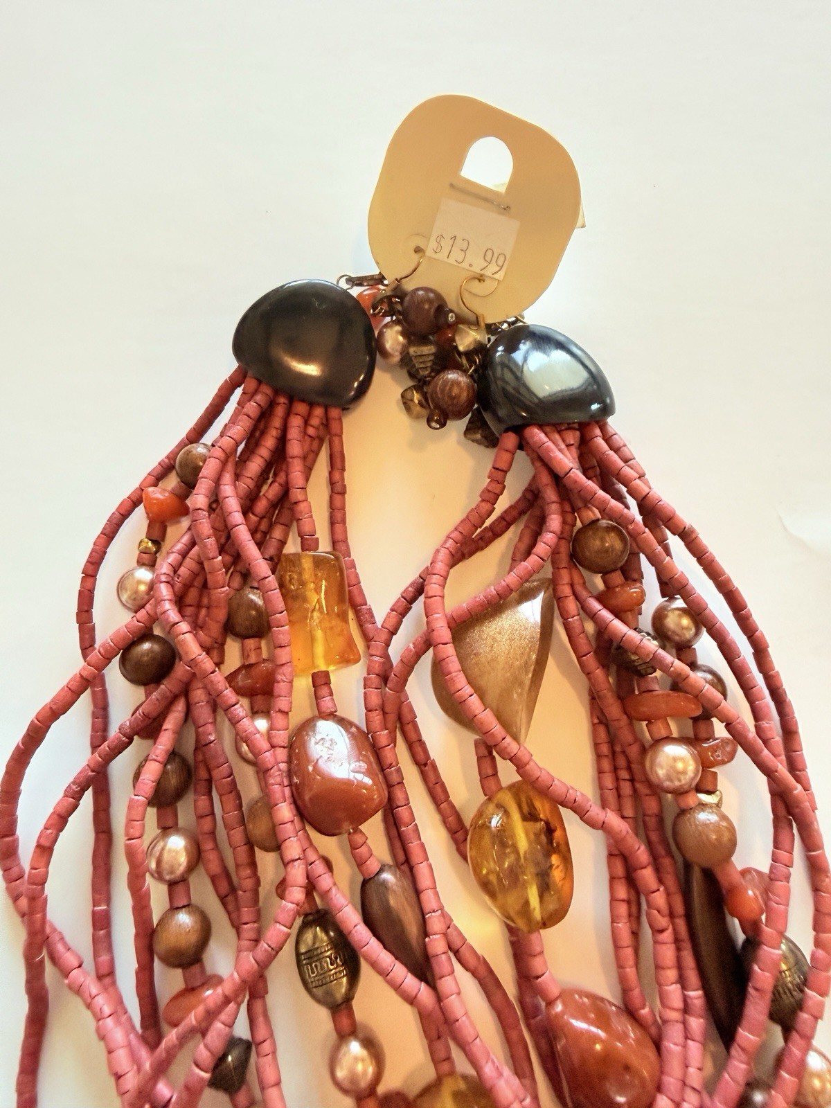Pink Beaded Multi-Strand Statement Necklace Hook Closure Bohemian Theme
