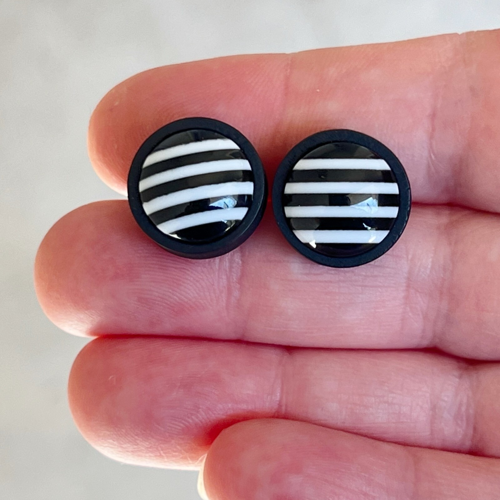 Black and White Striped Stud Earrings Black Wood Stainless Steel Post Earrings