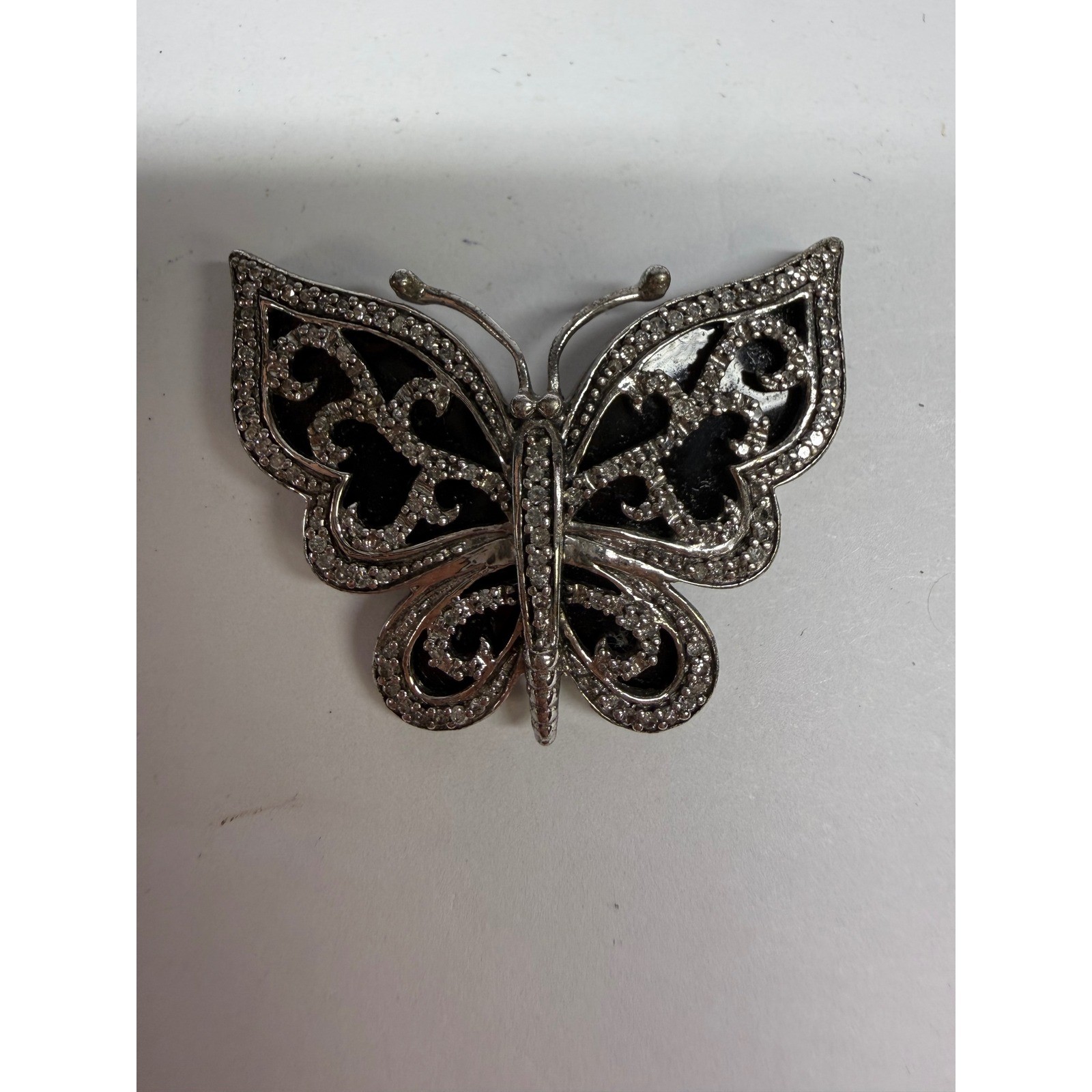Vintage 925 Sterling Silver Butterfly Slide Pendant Marcasite Filigree Inlay